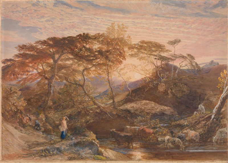 Sabrina de Samuel Palmer, pintura a óleo que retrata uma figura em uma paisagem serena.