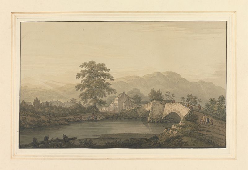 No. Entrance to Keswick & Bridge de Joseph Farington, retratando uma ponte sobre água em uma paisagem romântica
