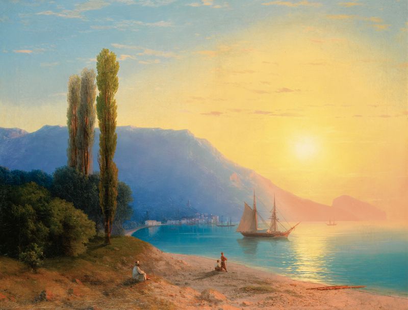 Sunset Over Yalta de Ivan Aivazovsky, óleo sobre lienzo, que representa un vibrante atardecer sobre el mar.