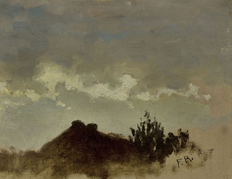 Cottage landscape by Ferdynand Ruszczyc, oil painting, featuring muted colors and trees.