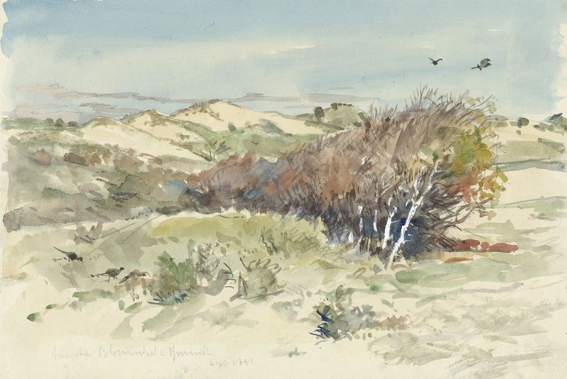 Landscape depicting dunes and sky by Jan Hoynck van Papendrecht, oil painting