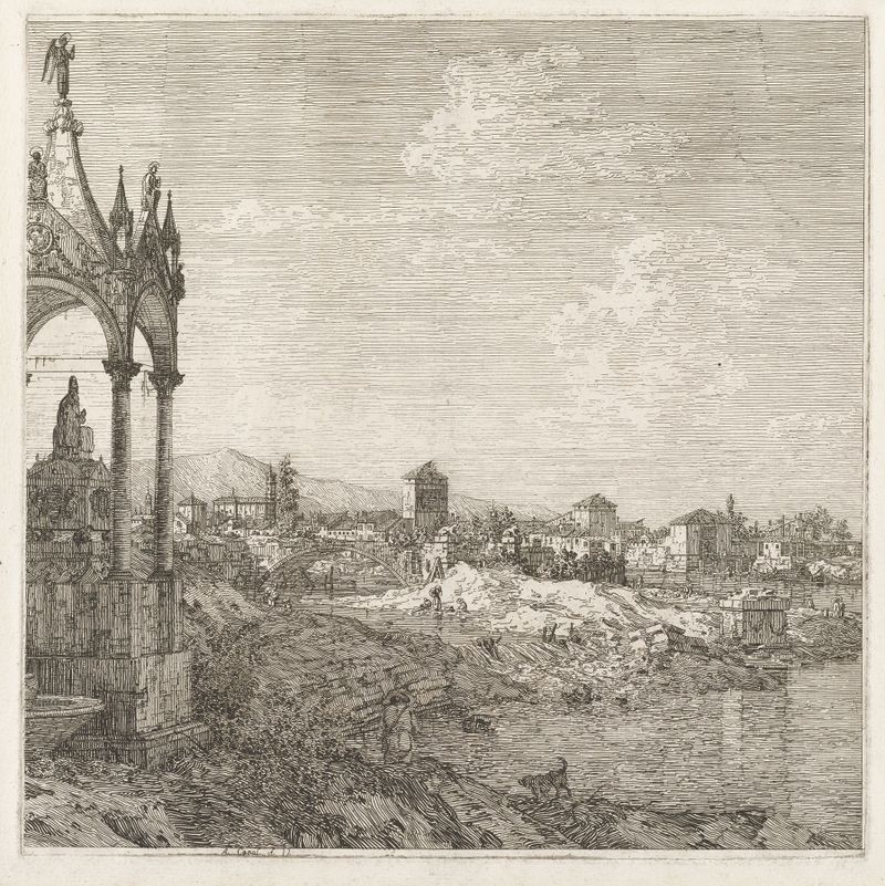 Vista de uma cidade com a tumba de um bispo, óleo sobre tela de Canaletto