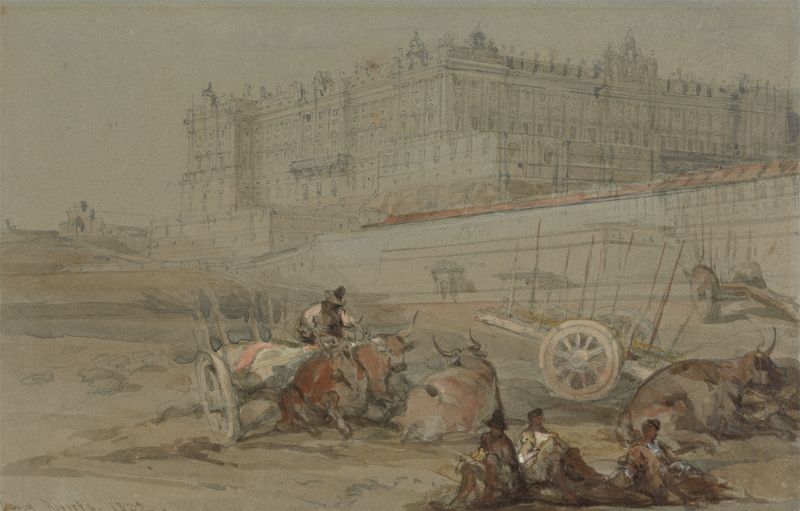 O Palácio Real, Madrid, pintura a óleo de David Roberts com colunas majestosas e sombras.
