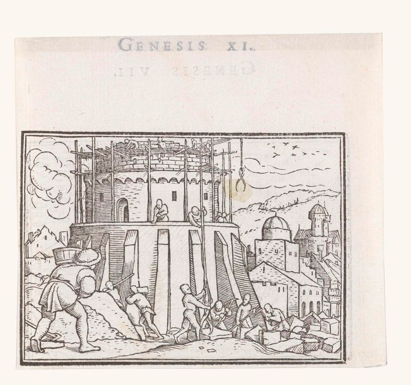 Bouw van de toren van Babel de Hans Holbein II, medio papel que representa una torre bíblica