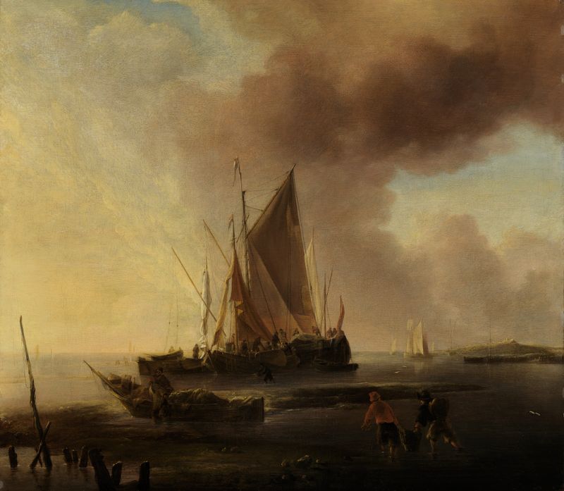 Fischerboote am Strand by Jan van de Cappelle, oil painting depicting boats on a tranquil shore