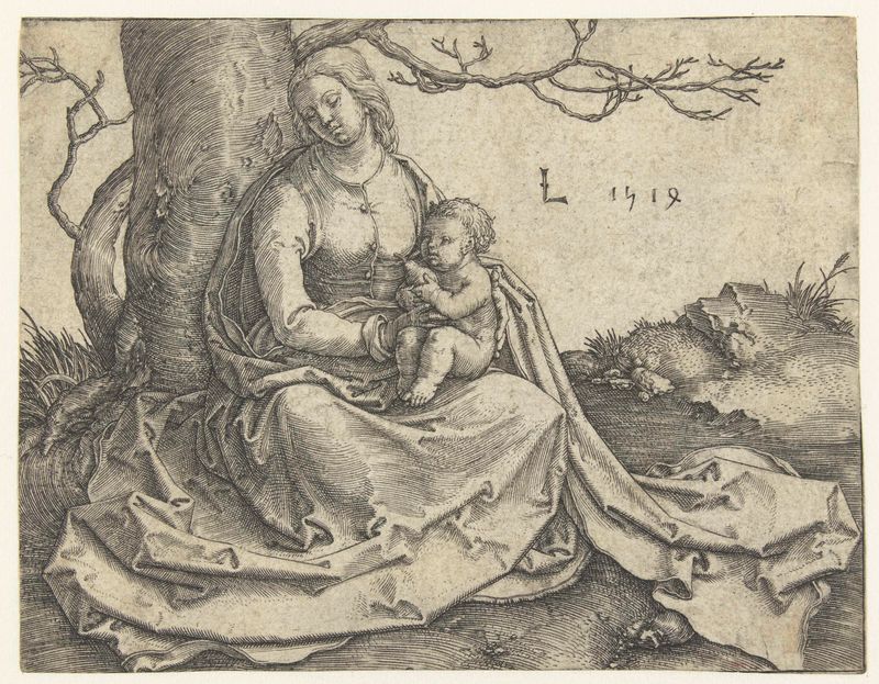 Virgem e Criança sentados sob uma árvore, gravura de Lucas van Leyden
