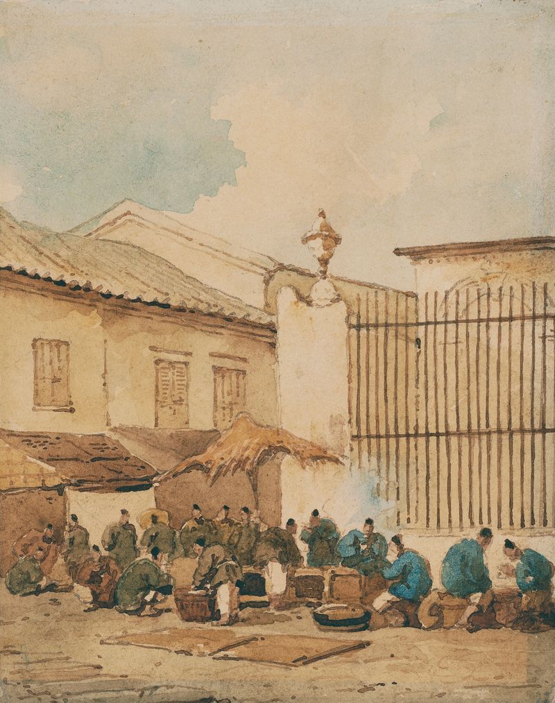 Genre scene depicting a market outside St. Dominic’s Church in Macau, oil painting by George Chinnery