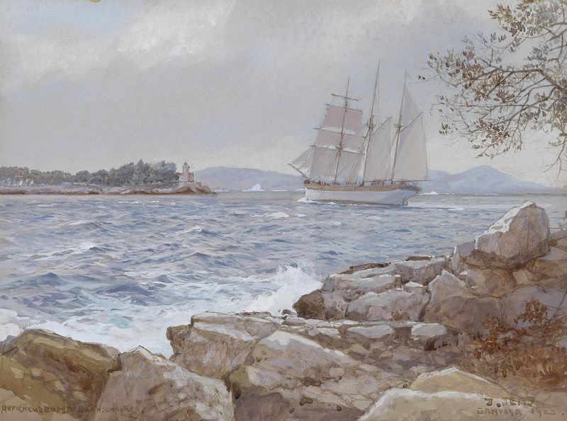Oil on canvas by Johann Seits depicting a sailboat on the ocean