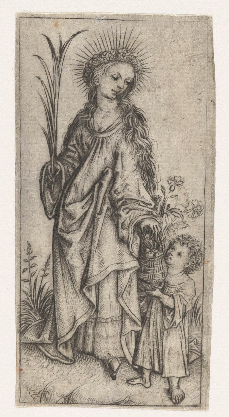 Heilige Dorothea de Meester van het Amsterdamse Kabinet, punta seca de una santa serena con mirada hacia arriba.