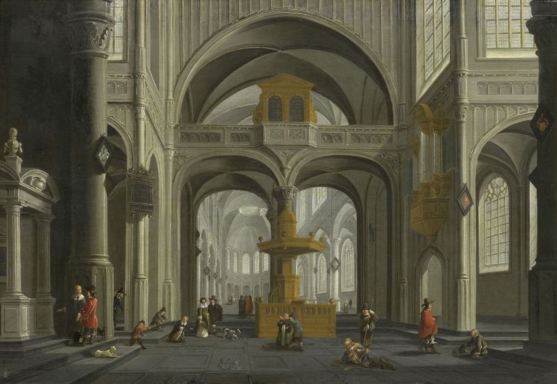 Church Interior by Daniël de Blieck, oil on canvas depicting light through stained glass.
