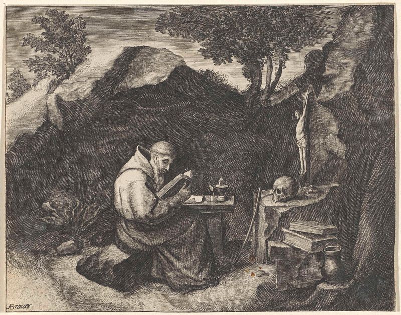 Grabado de Unknown Artist que muestra a una figura leyendo en una gruta