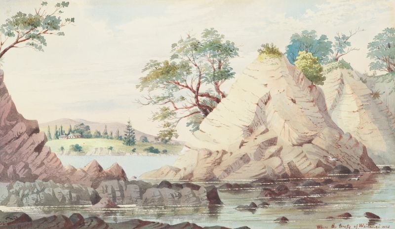 Historical scene depicting the signing of the Treaty of Waitangi, oil painting by Alfred Sharpe