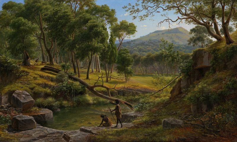 Warrenheip Hills near Ballarat by Eugène von Guérard, oil on canvas, featuring wildflowers and hills.