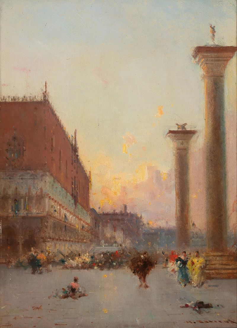 Venice, a View of the Palazzo Ducale and St Mark’s Column by Henri Duvieux, oil painting
