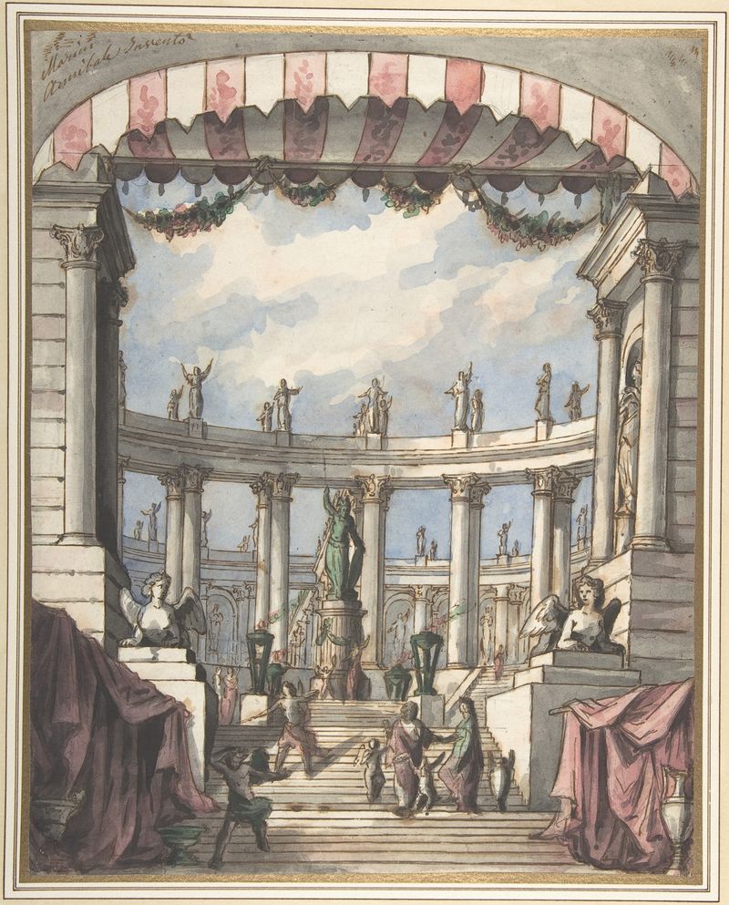 Design for a Stage Set de Leonardo Marini, tinta sobre papel, apresentando um pátio clássico e estátua de Minerva