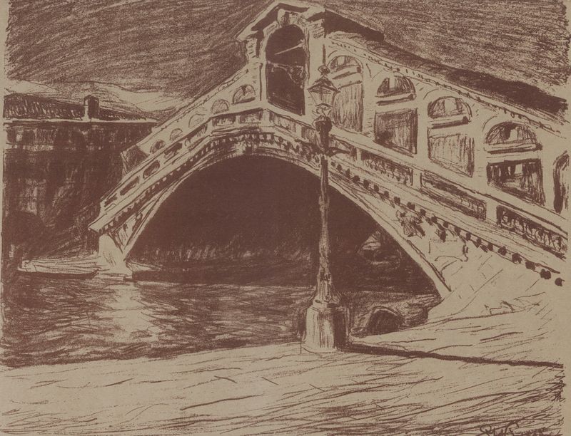Rialto Bridge in Venice, oil on canvas by Stanisław Kamocki, featuring the bridge and shimmering water.