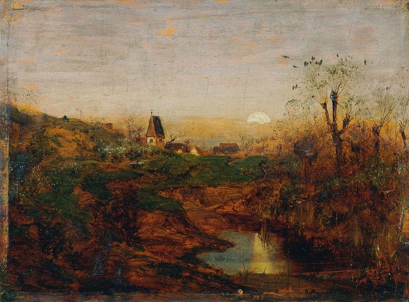 Pintura romântica a óleo de Franz Hoffmann von Fallersleben mostrando o crepúsculo sobre os charcos.