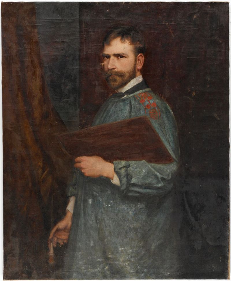 Self-Portrait by William Valentine Schevill, oil on canvas, focusing on intense eyes.