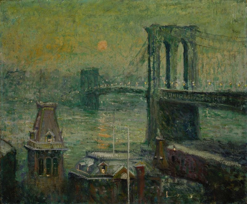 Brooklyn Bridge landscape by Ernest Lawson, oil painting featuring water and cityscape.