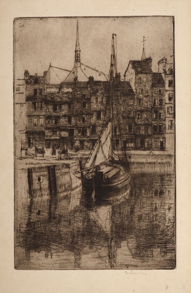 Barco en el puerto de Honfleur de Józef Pankiewicz, óleo sobre lienzo, representando un barco en aguas tranquilas