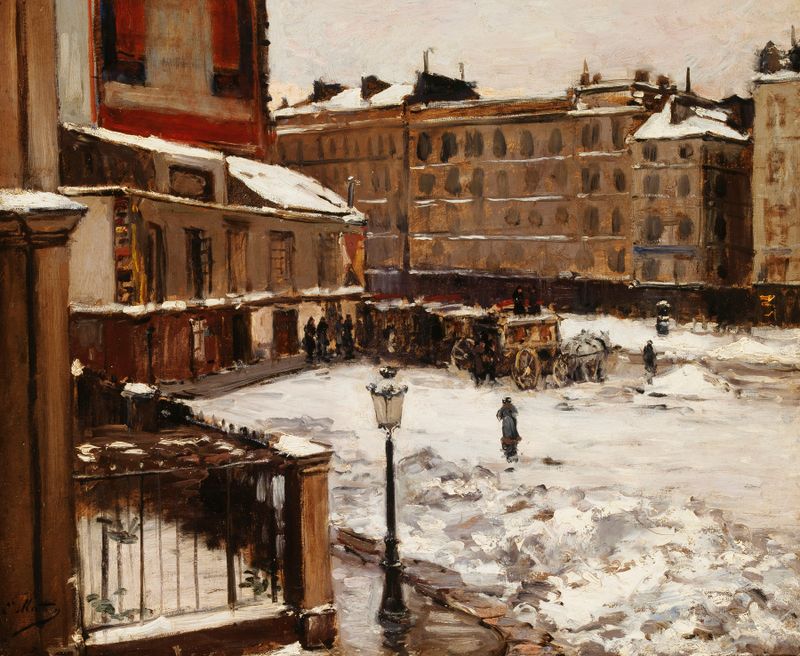 La place Pigalle sous la neige, oil on canvas by Emile Louis Mathon depicting a snowy Parisian square.