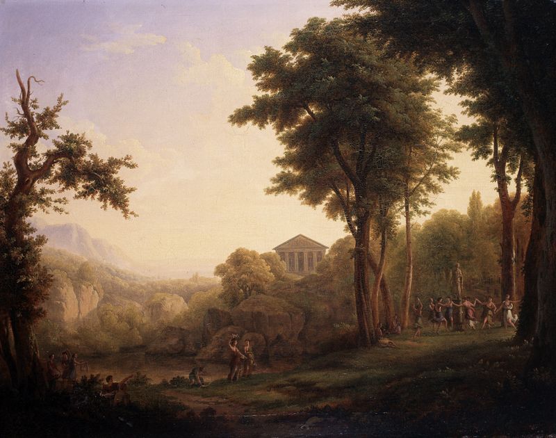 Arcadian landscape with a feast scene, oil on canvas by Adolf Karel Maximiliaan Engel