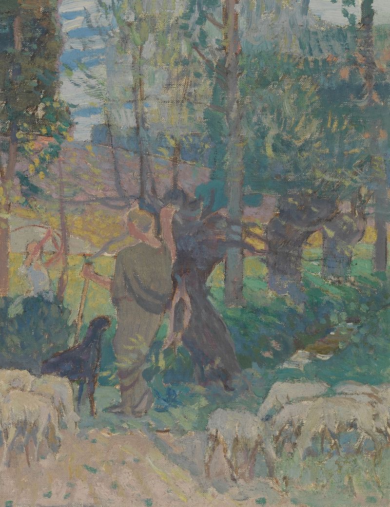 Landscape oil painting by Victor Menu featuring muted greens and browns