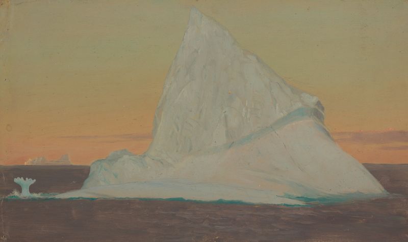 Iceberg and Ice Flower de Frederic Edwin Church, óleo sobre tela, apresentando uma flor em uma paisagem gelada.