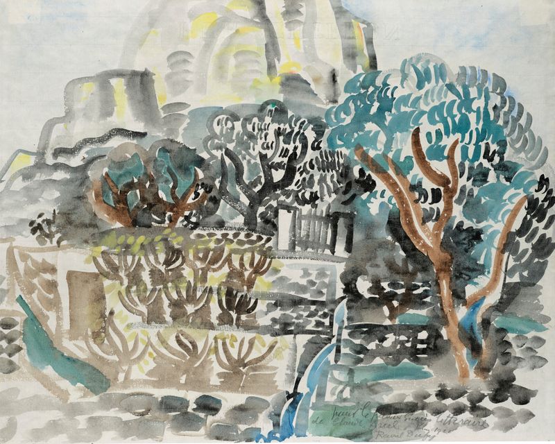 Le Baou de Saint-Jeannet de Raoul Dufy, pintura al óleo que muestra un paisaje vibrante con colinas y cielo.