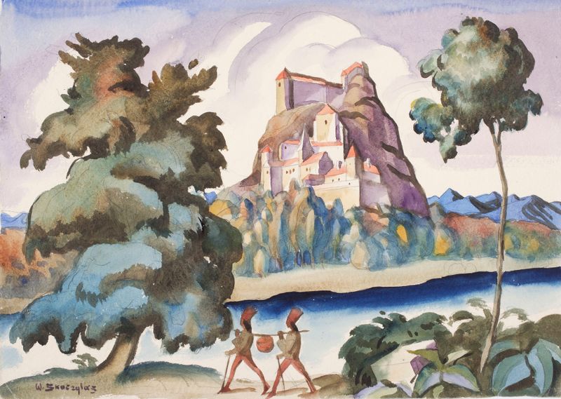 Dos figuras robustas en acuarela de Władysław Skoczylas, con un castillo de fondo.