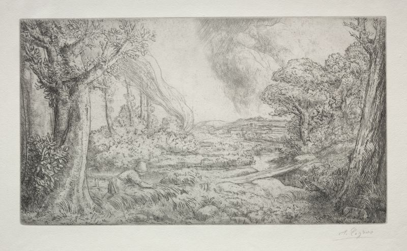 Landscape 4 de Alphonse Legros, óleo que muestra un cielo tormentoso y un paisaje turbulento.
