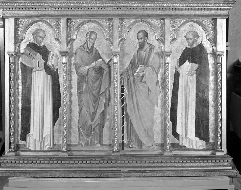 Panel de un Retablo que representa a los Santos Tomás de Aquino, Juan Evangelista, Pablo y Domingo, temple sobre tabla de ...