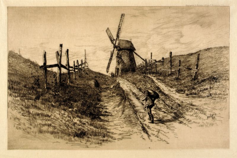 Landscape with Windmill by Charles Frederick William Mielatz, oil painting depicting serene fields and windmill.