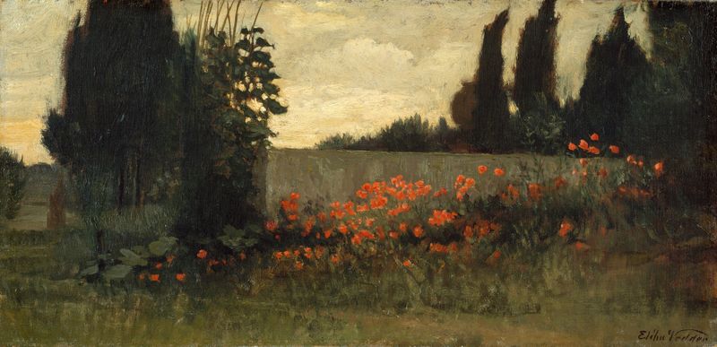 Cypress and Poppies by Elihu Vedder, oil on canvas featuring a cypress tree and vibrant poppies