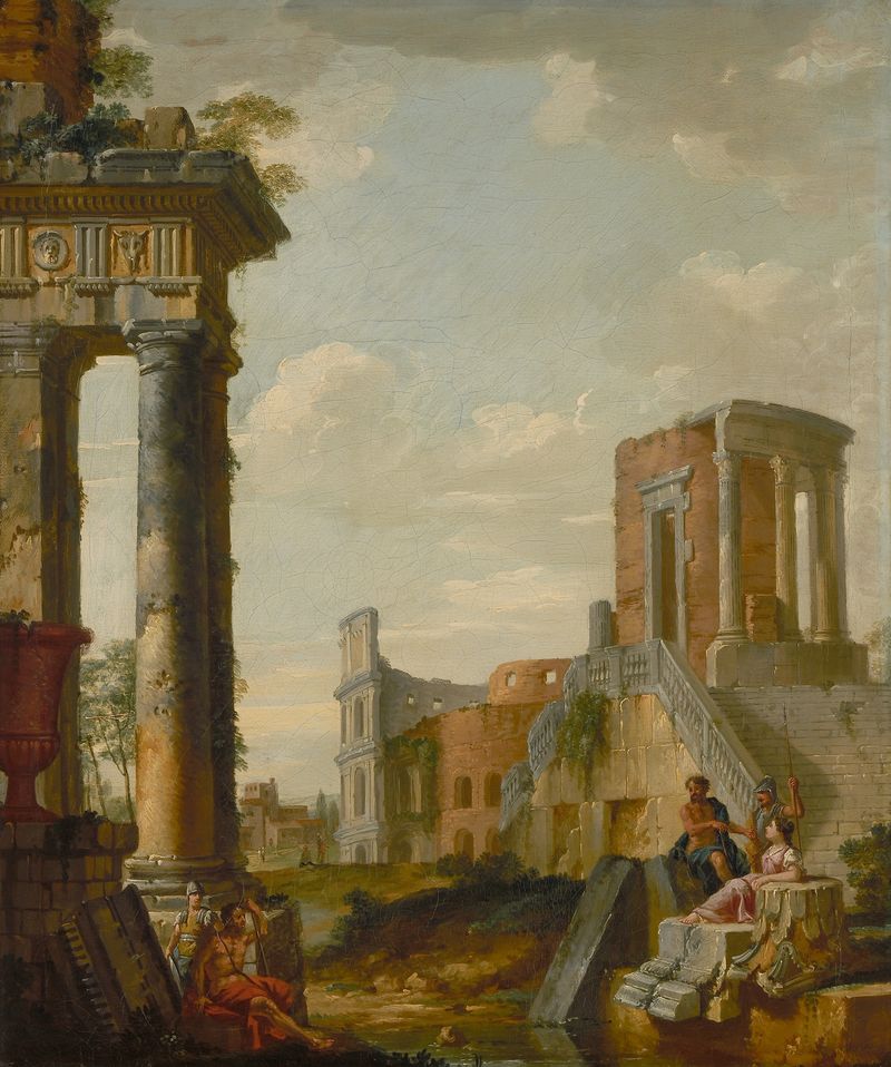 Roman ruins with figures, oil on canvas by Giovanni Paolo Pannini