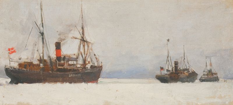 Höyrylaivoja de Akseli Gallen-Kallela, pintura al óleo que muestra barcos de vapor en aguas turbulentas