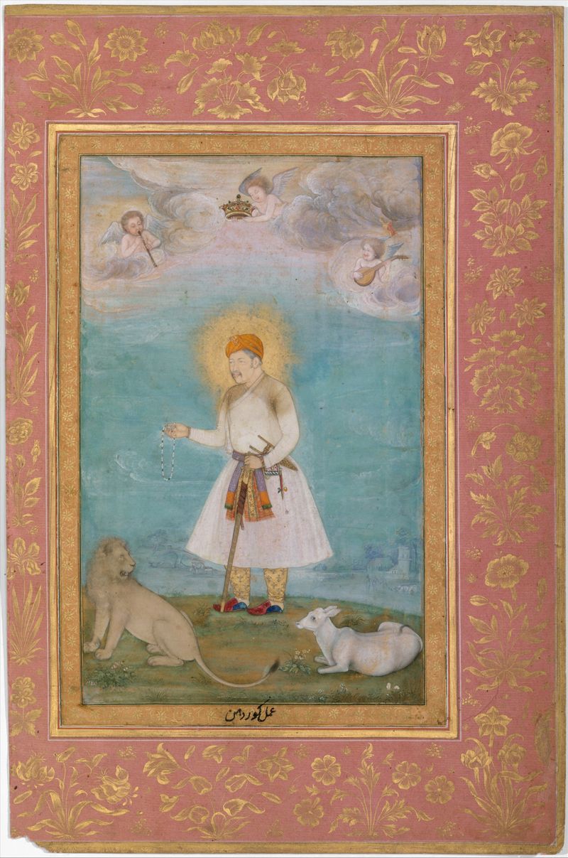 Folio de Govardhan retratando Akbar com um leão e um bezerro, meio ouro
