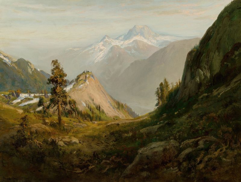 Oil painting by William Keith depicting golden hills at sunset.