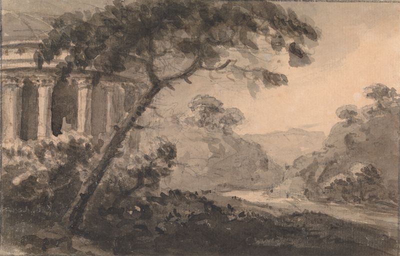 Landscape with Classical Building at Left, óleo sobre lienzo de William Gilpin