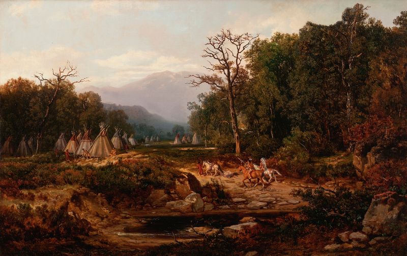 Indian Encampment de Otto Reinhold Jacobi, pintura al óleo que representa un campamento nativo.