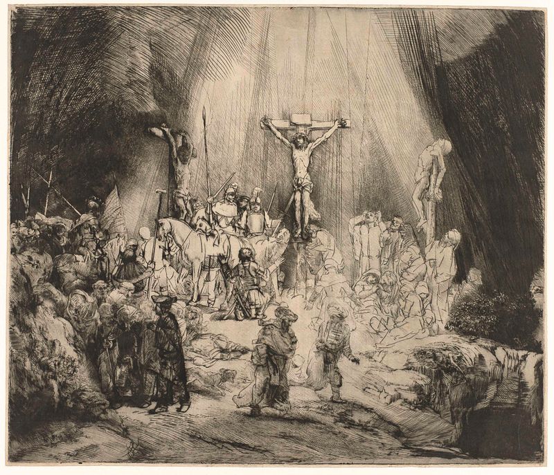 La Crucifixión, aguatinta de Rembrandt van Rijn mostrando a Cristo crucificado entre ladrones
