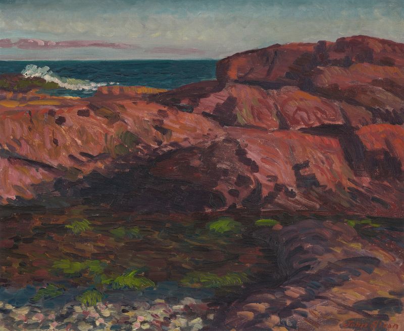 Red Rocks Afternoon-Gloucester, óleo sobre tela de John Sloan mostrando rochas carmesim sob a luz do sol.