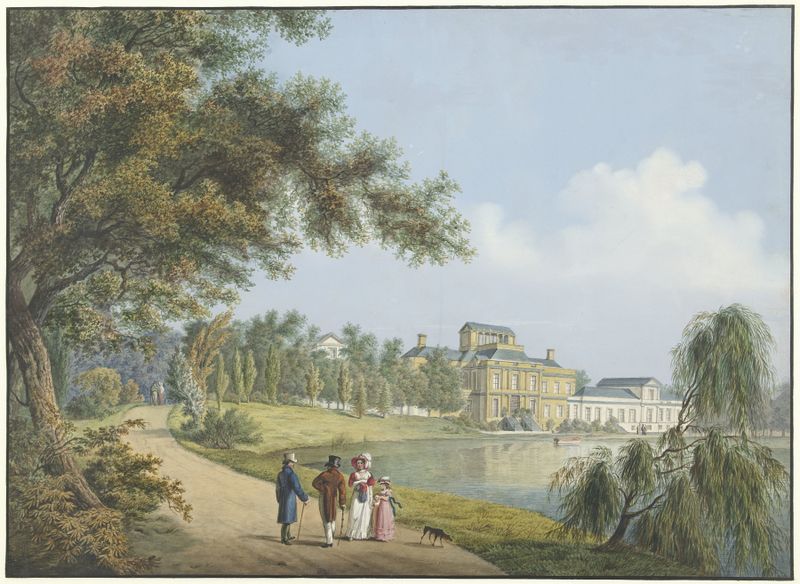 Paisaje óleo de Cornelis de Kruyff que muestra el Palacio de Soestdijk con nubes y luz.