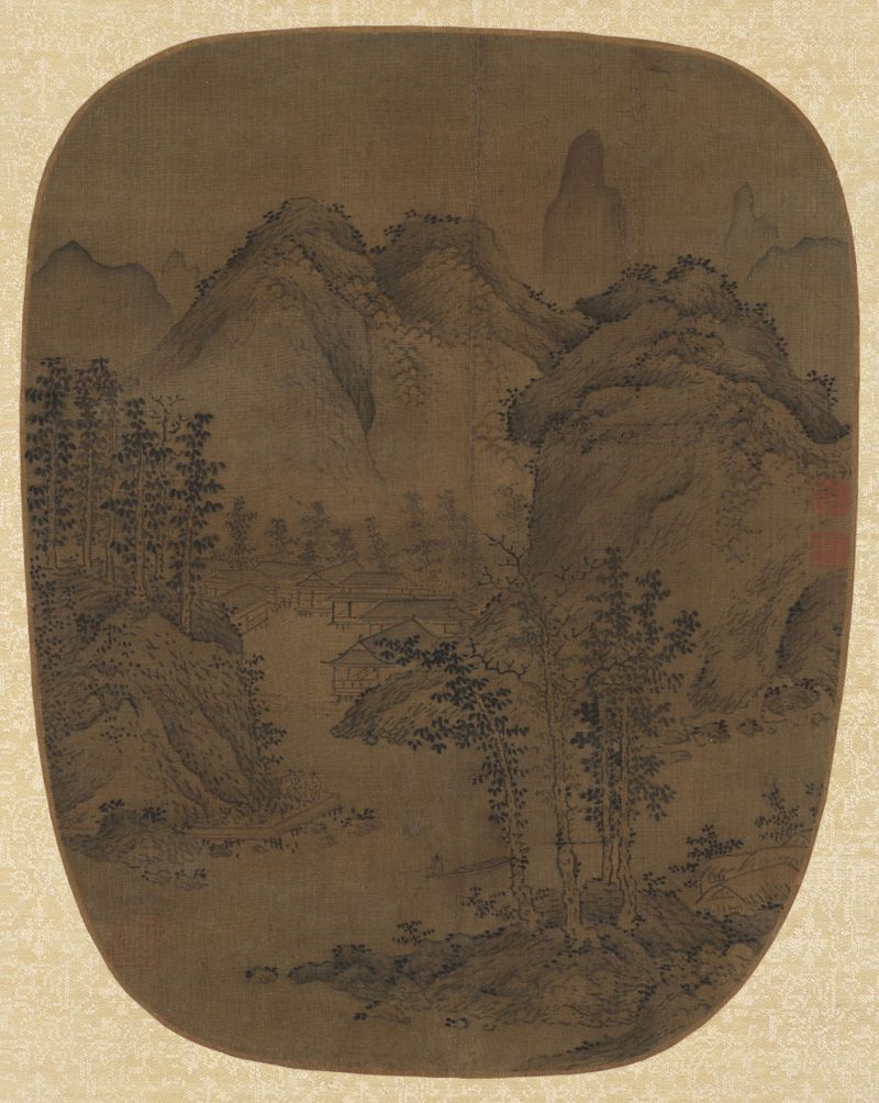 Landscape Painting in the Shape of a Fan, silk by Sheng Mao