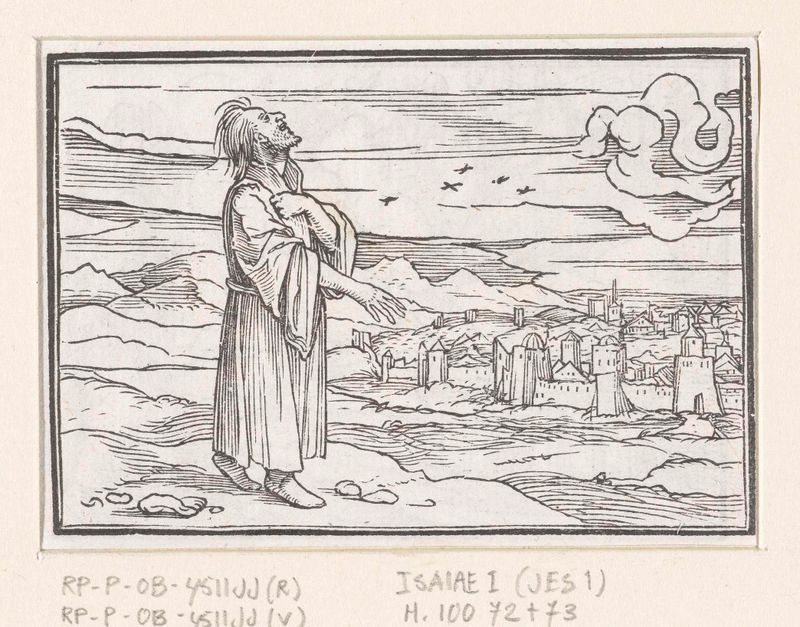 Cena religiosa com o profeta Isaías gesticulando em direção a Jerusalém, papel de Hans Holbein (II)