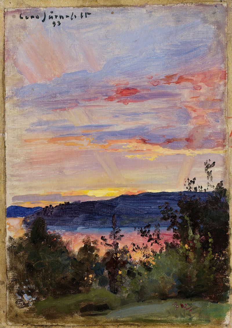 Sunset de Eero Järnefelt, óleo sobre lienzo que representa un vibrante atardecer sobre el horizonte.