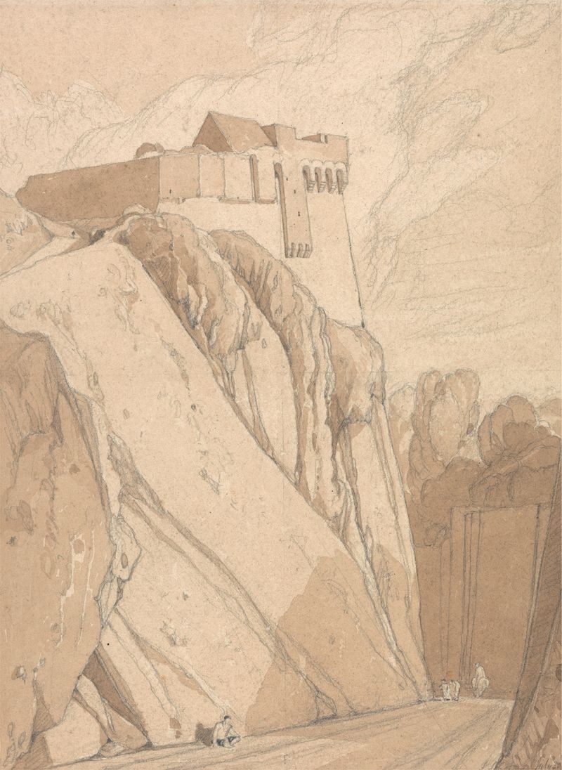 Aquarela de John Sell Cotman mostrando fortificações contra um céu tempestuoso