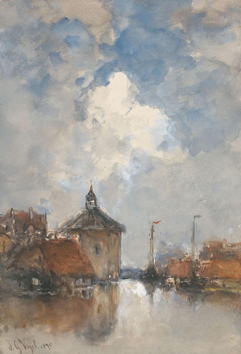 Marine scene with ships and a round tower by Johannes Gijsbert Vogel, unknown medium.