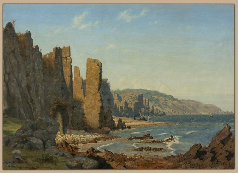 Beach formation on Bornholm by Vilhelm Kyhn, oil painting depicting dawn light over gentle waves.