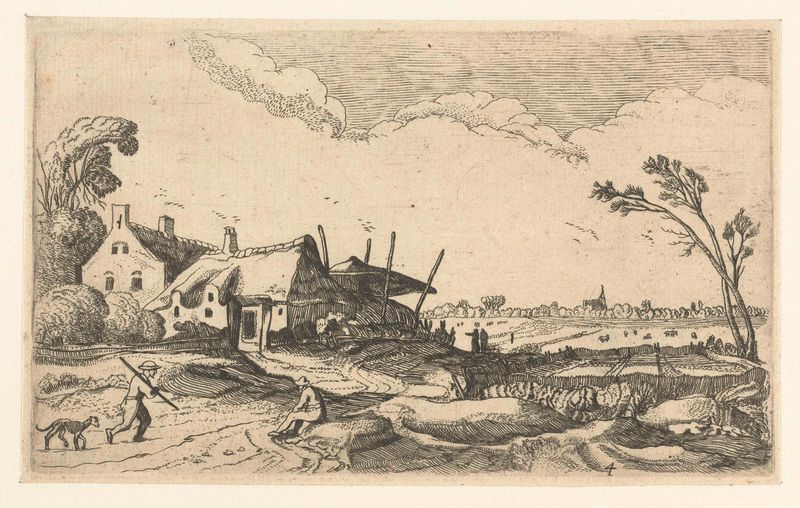 Grabado paisajístico de un artista desconocido que muestra una granja y campos